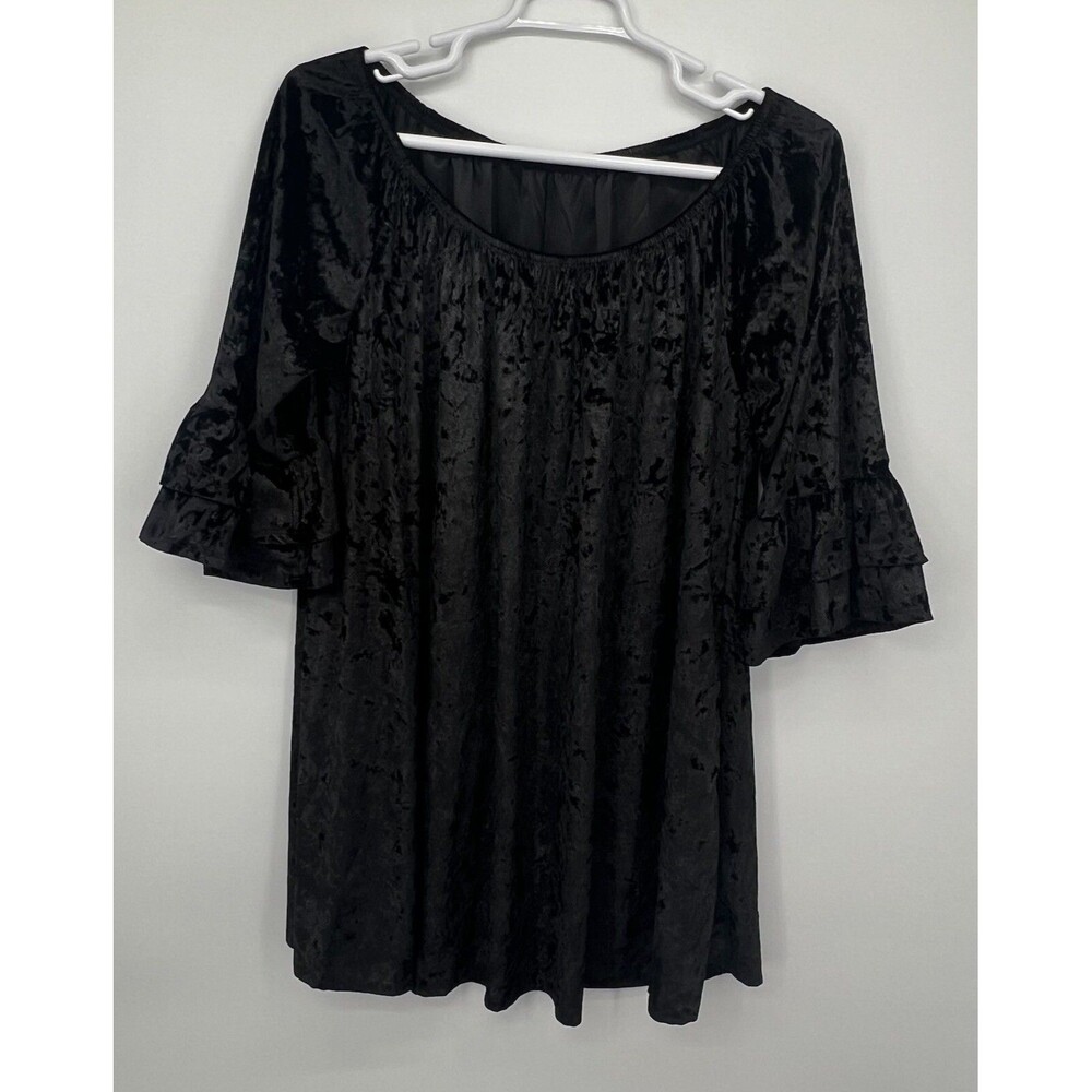 Crushed Velvet Black Mini Dress Womens 2XL Off The Shoulder Bell Sleeves